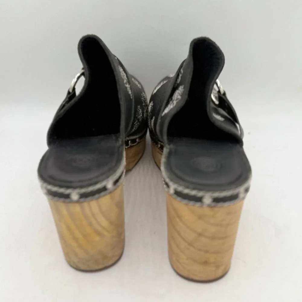 Urban Outfitters UO Daizy Clog Black Leather Daisy Embroidered Wood Platform 9